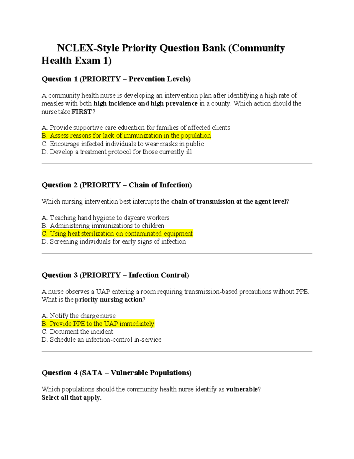 NCLEX Practice Questions for Community Health Exam 1 (Priority Focus ...