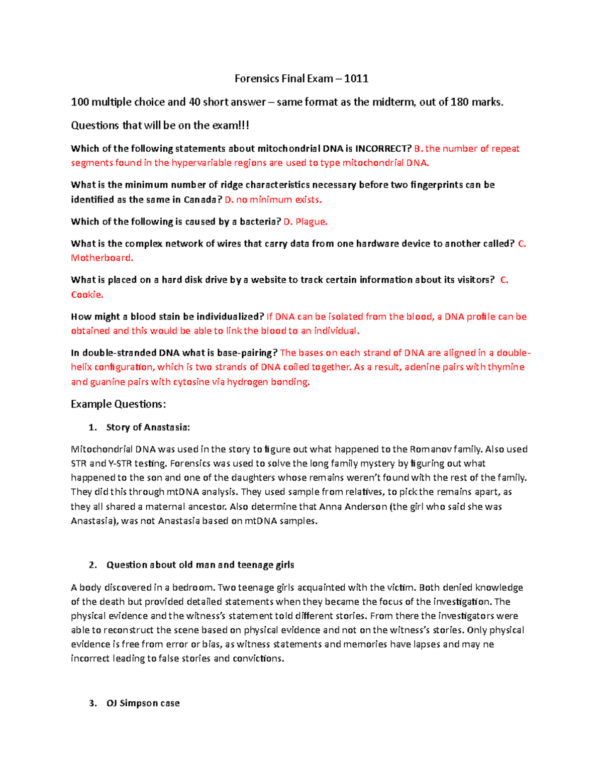 Forensics Final Exam Review - 1011: Key Topics & Example Questions ...