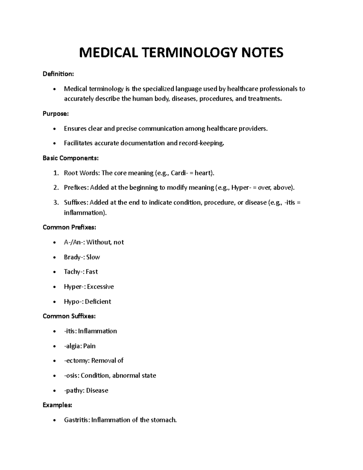 MEDICAL TERMINOLOGY NOTES: Key Components & Definitions - Studocu