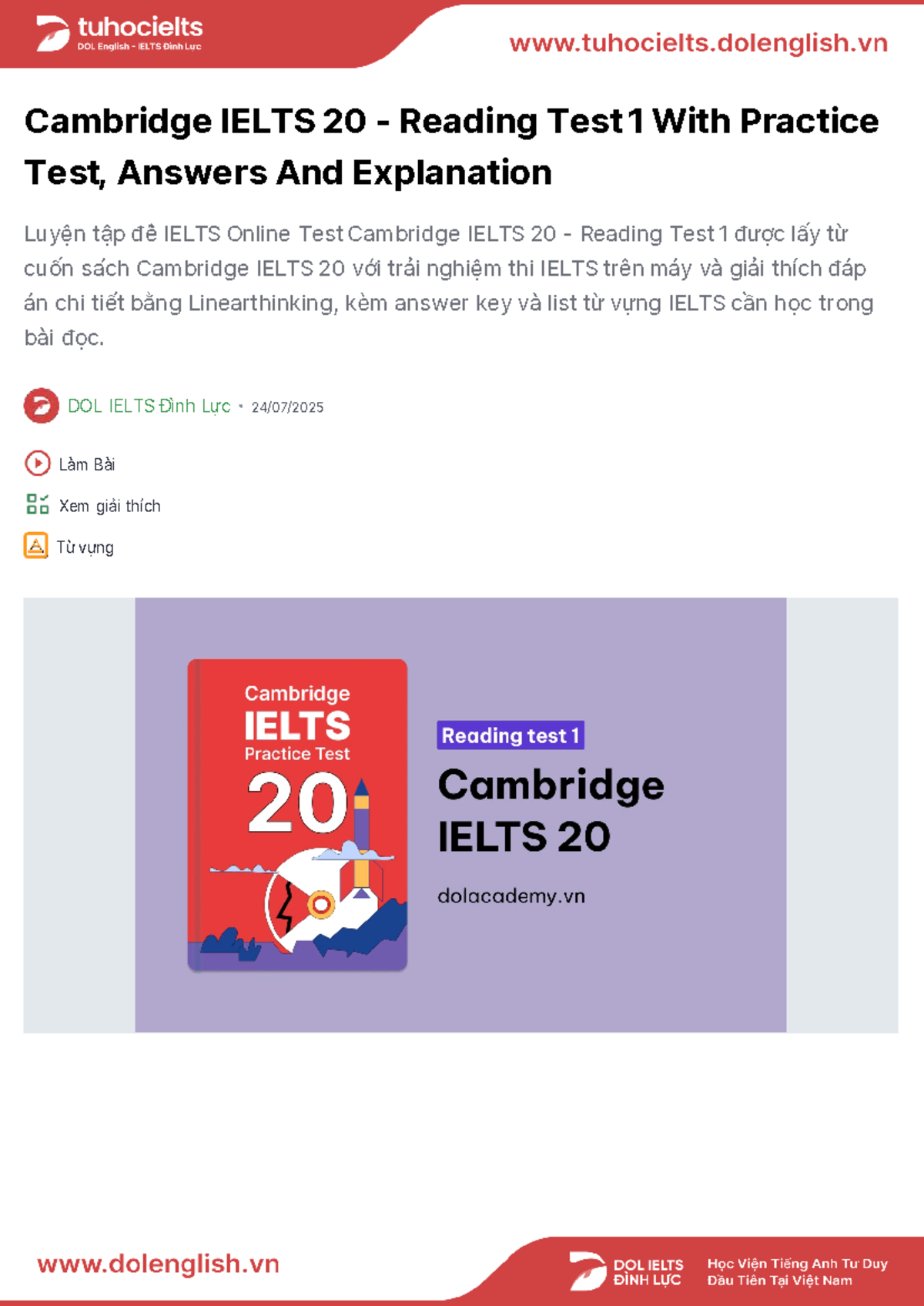 CAM 20 - IELTS 20 Reading Test 1 with Answers & Vocabulary - Studocu