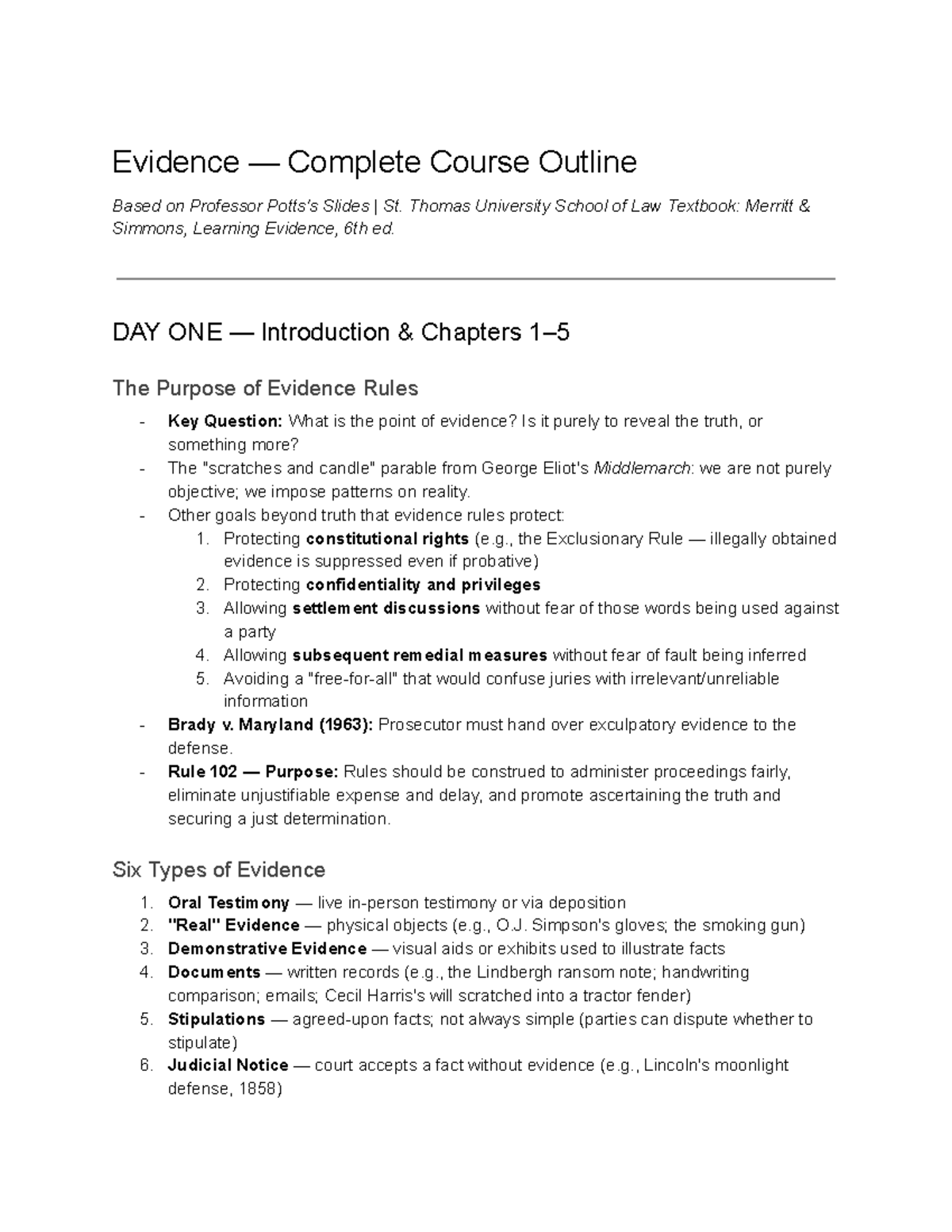 Evidence Course Outline: Key Rules and Concepts (LAW 101) - Studocu
