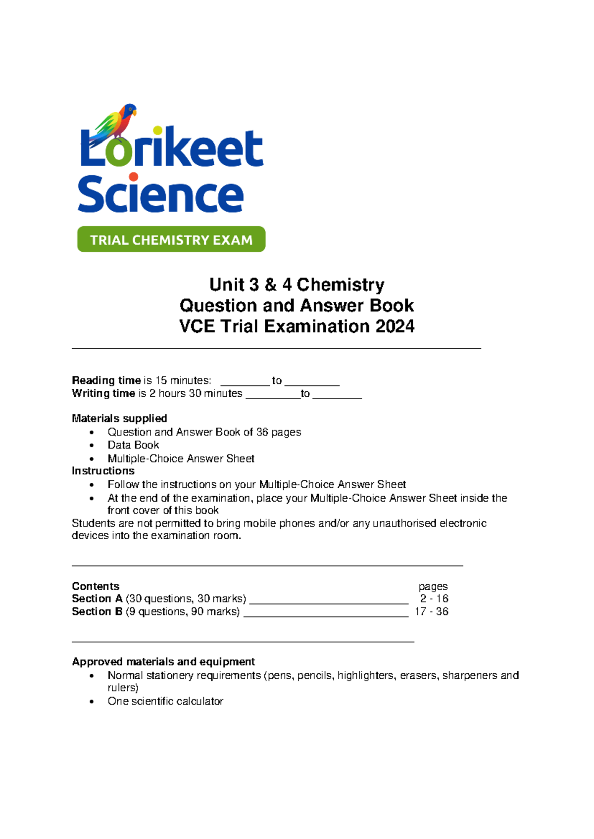 VCE Chemistry Units 3 & 4 Trial Exam Questions and Answers 2024 - Studocu