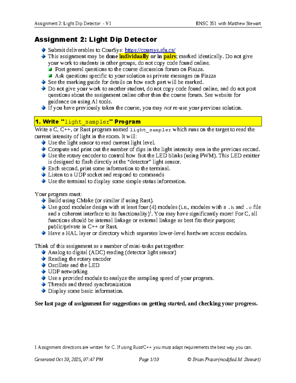 Assignment 2: Light Dip Detector V1 ENSC 351 - Homework 2 - Studocu