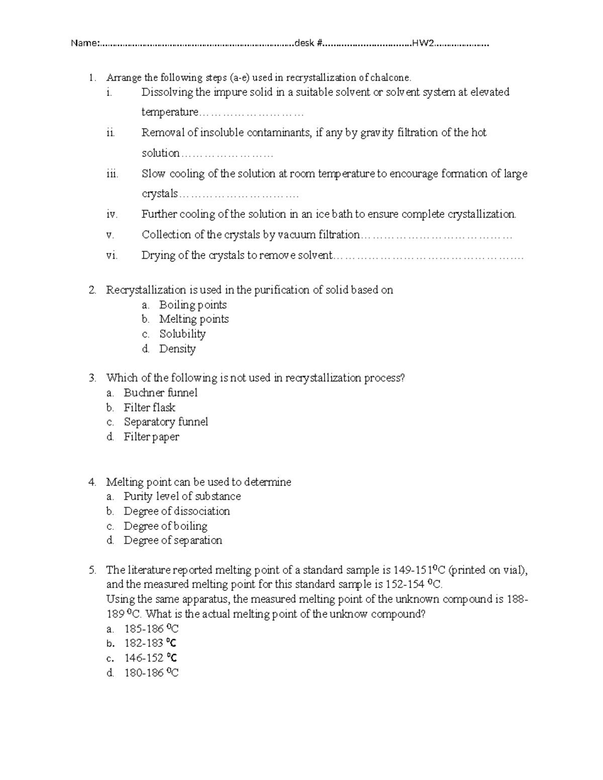 HW 2 - Recrystallization Steps and Melting Point Analysis - Studocu