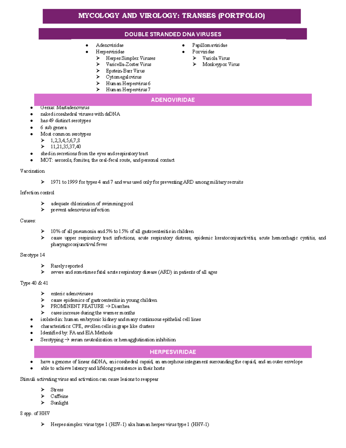 Mycology and Virology (MVP 310) Lecture Notes on DNA Viruses - Studocu