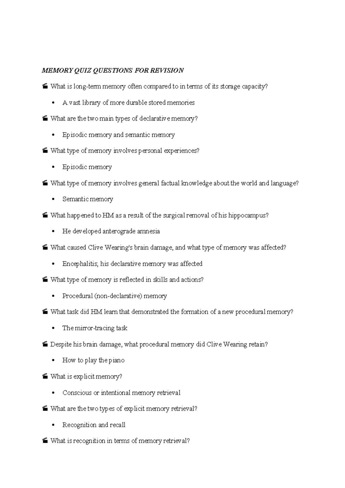 Memory QUIZ Questions FOR Revision - MEMORY QUIZ QUESTIONS FOR REVISION ...