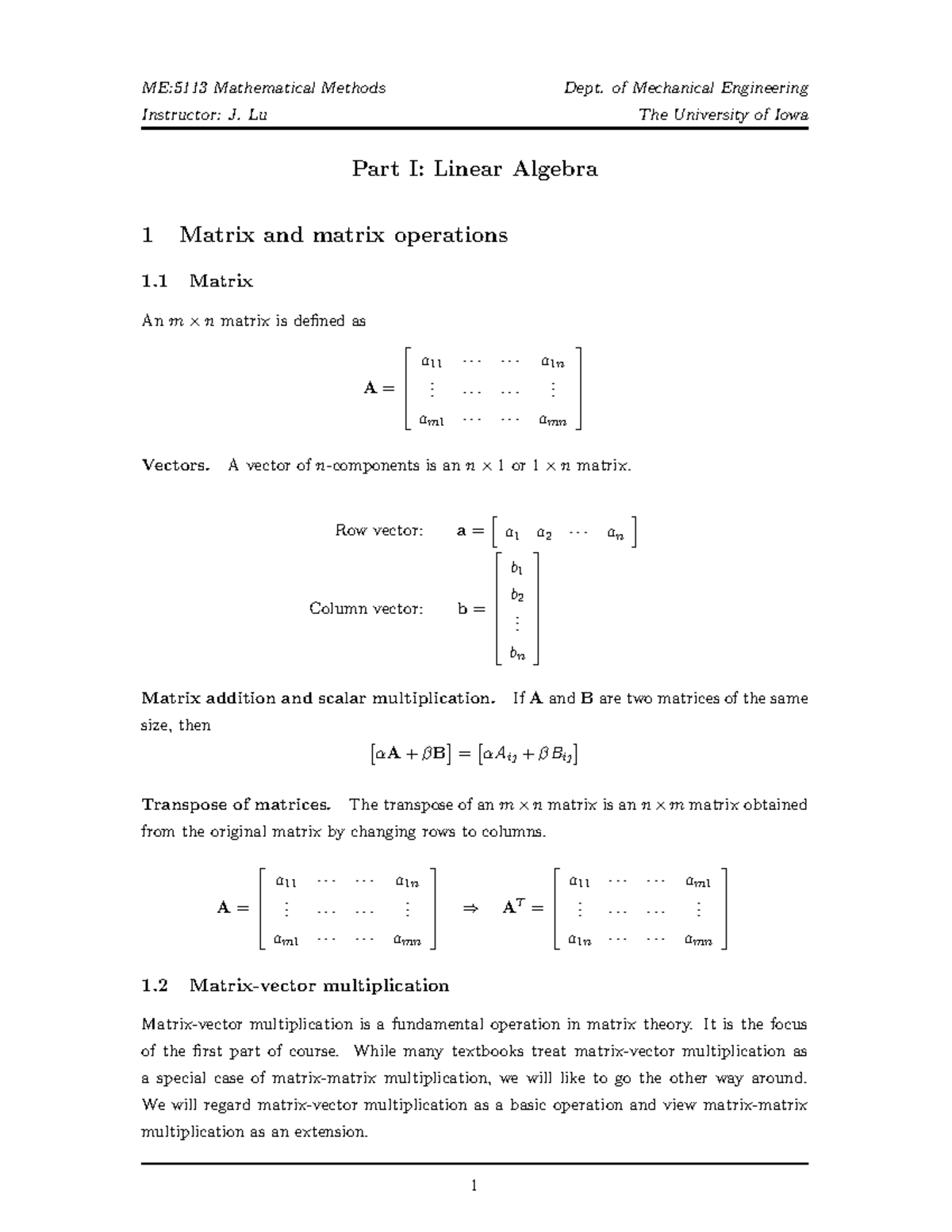 ME:5113 Mathematical Methods - Linear Algebra Concepts and Techniques ...