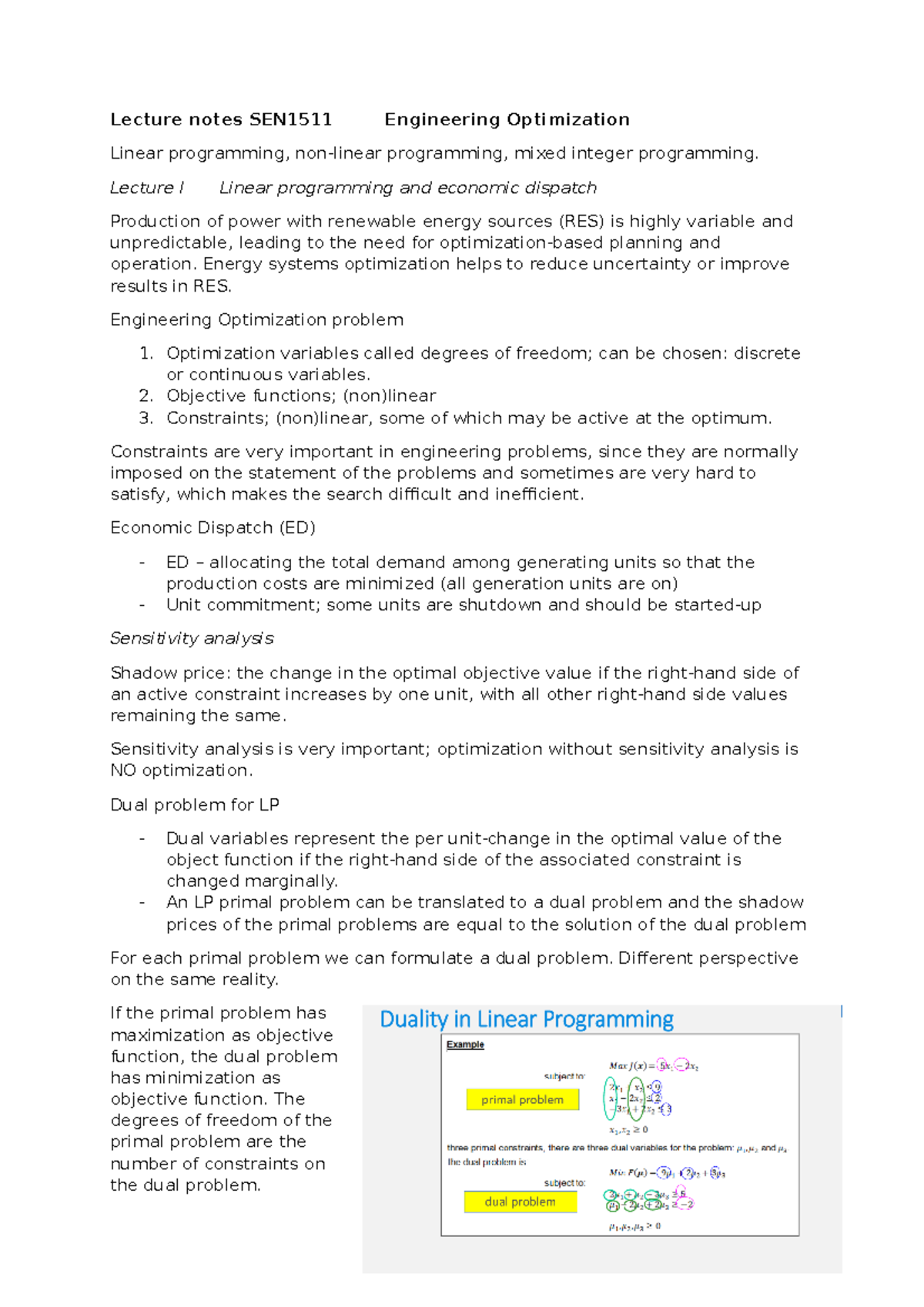Lecture Notes SEN1511: Engineering Optimization in Energy Systems ...
