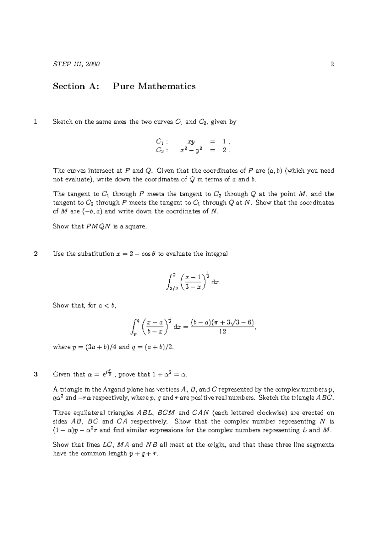 Pure Mathematics Paper III 76683586 Exam Questions and Solutions - Studocu