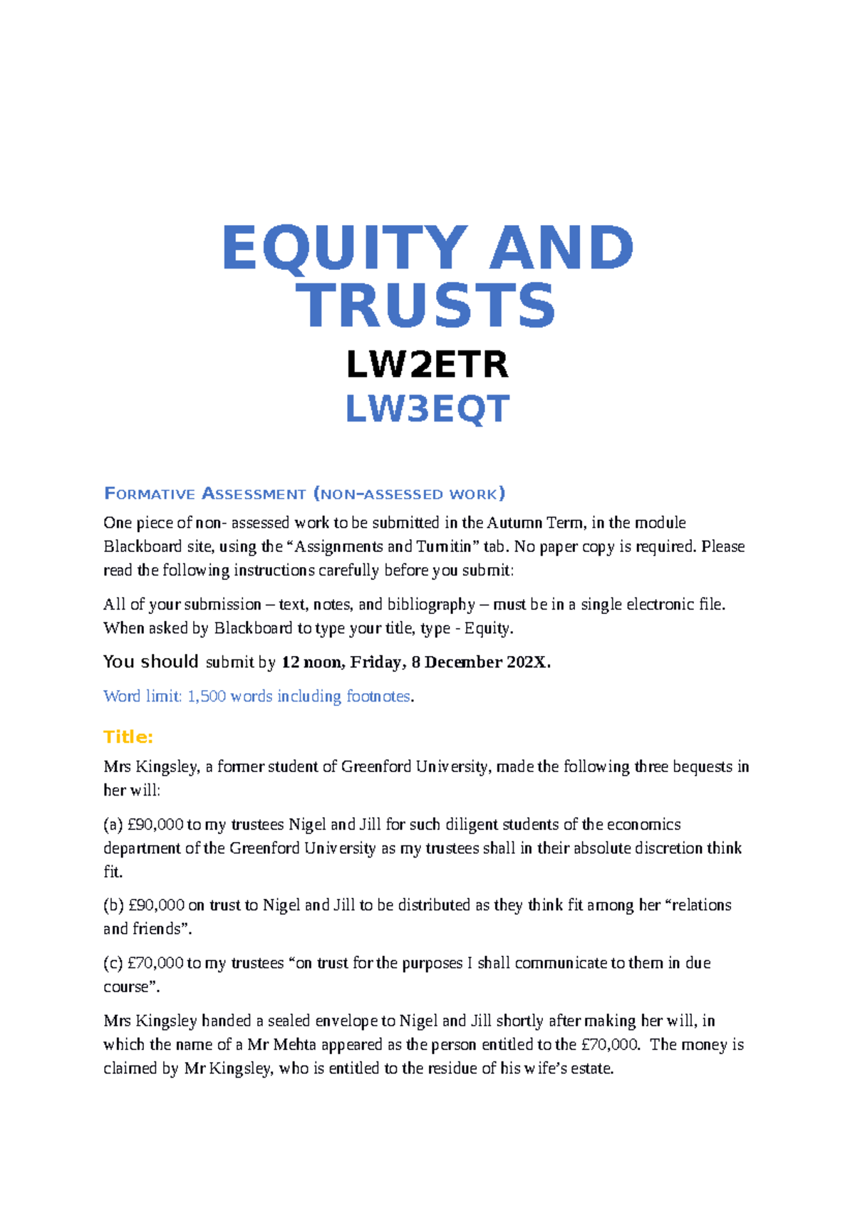 Formative Assessment Title - EQUITY AND TRUSTS LW2ETR LW3EQT FORMATIVE ...