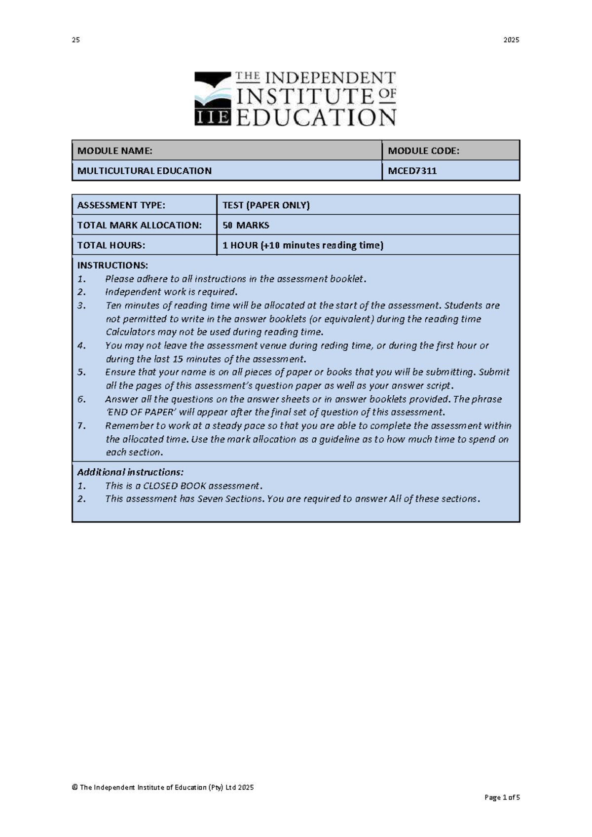 MCED7311 Multicultural Education Test - 2025 Assessment Guide - Studocu