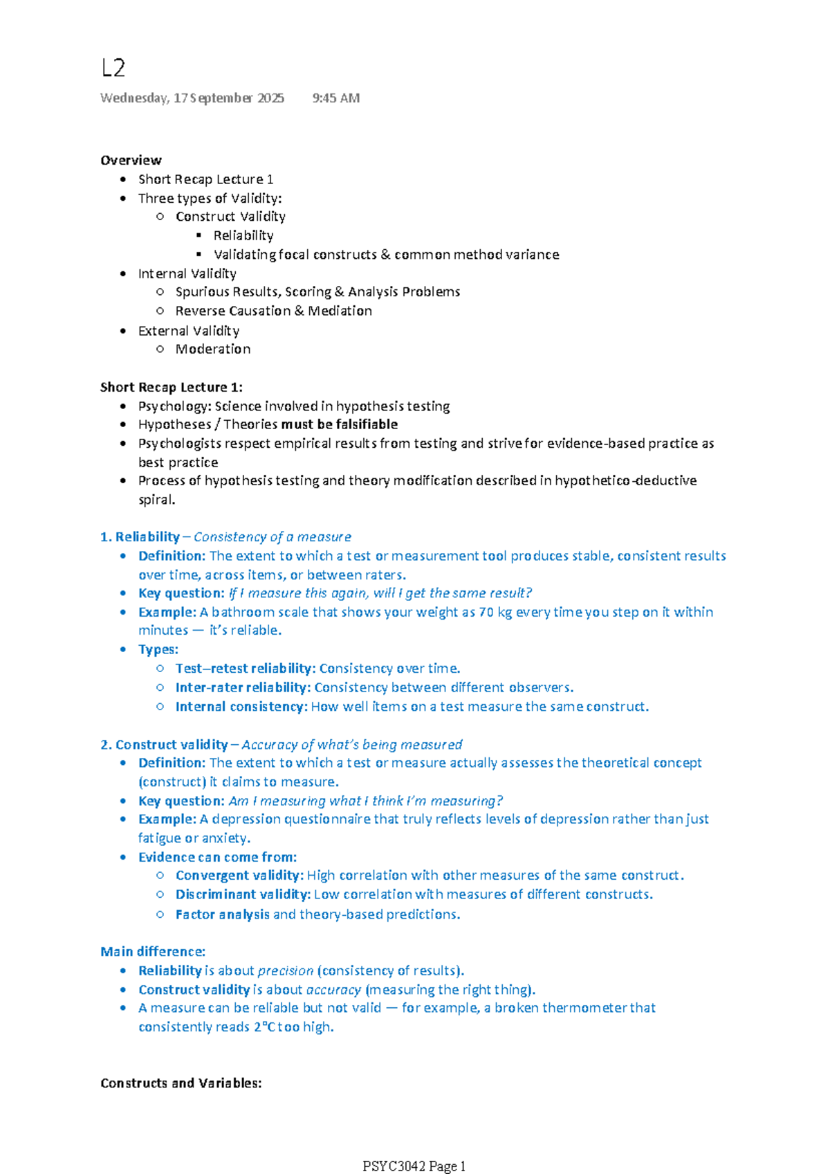PSYC3042 - Week 2 Lecture Summary: Validity, Reliability, and ...