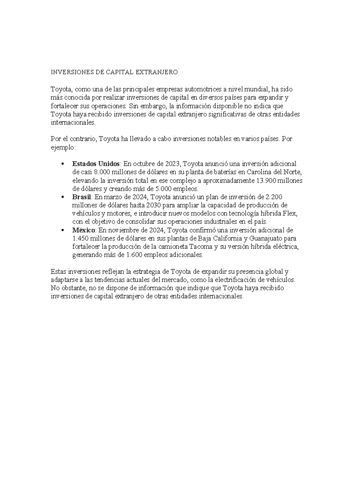 INVERSIONES DE CAPITAL EXTRANJERO EN TOYOTA: ESTRATEGIAS GLOBALES - Studocu