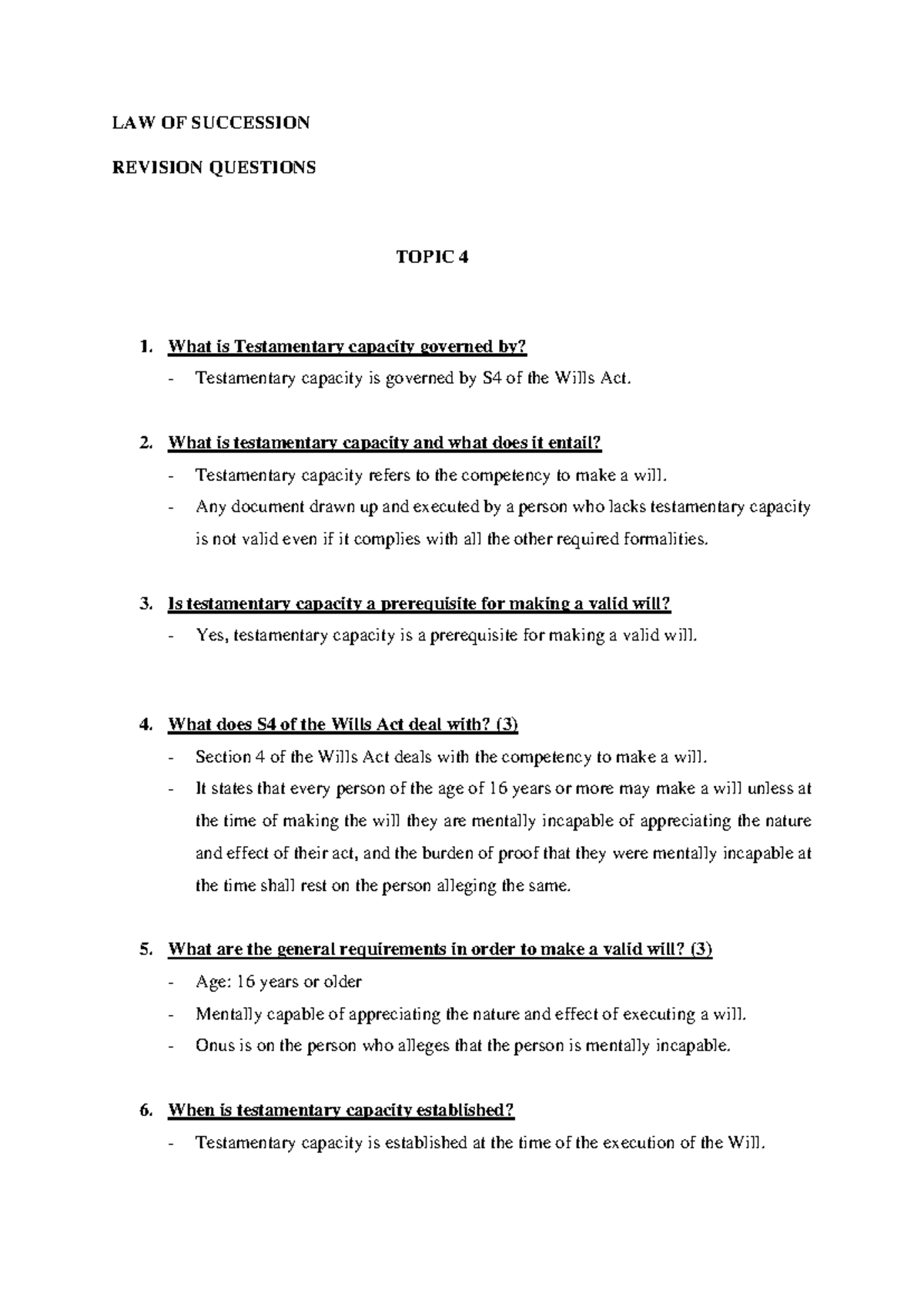 Topic 4 Revision - summary - LAW OF SUCCESSION REVISION QUESTIONS TOPIC ...