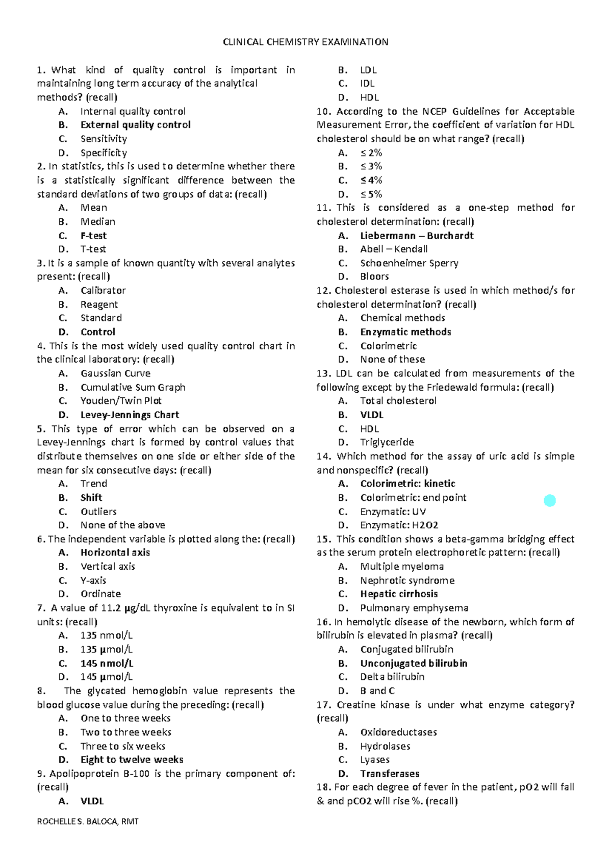CLINICAL CHEMISTRY EXAM 1: Key Concepts and Quality Control - Studocu