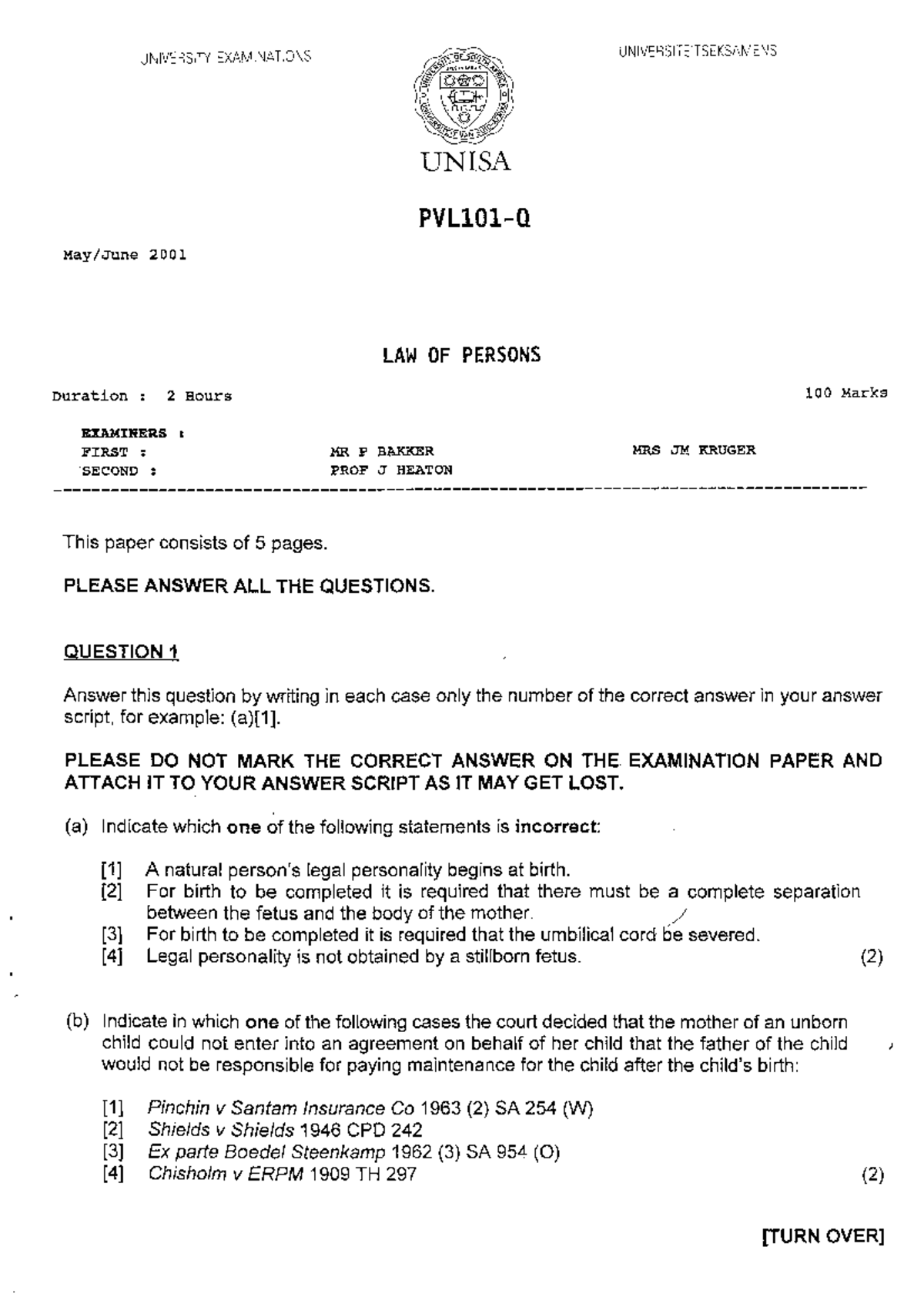 PVL1501 June 2001 Law of Persons Exam Paper Review - Studocu
