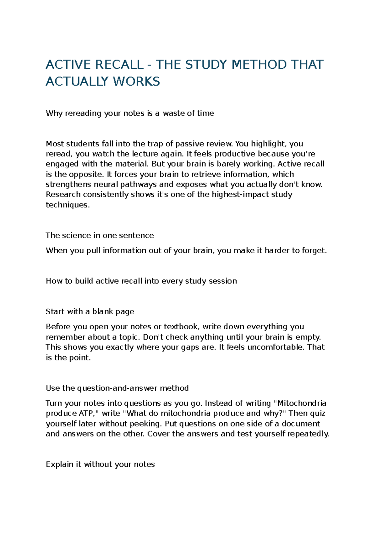 ACTIVE RECALL: Effective Study Techniques for Success - Studocu