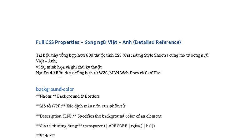 CSS Properties Reference (Vi-En) - Over 600 Attributes Explained - Studocu
