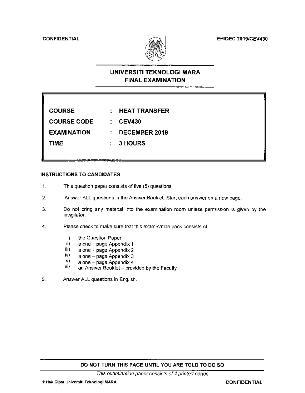 CEV430 - Final Exam Heat Transfer December 2019 Question Paper - Studocu