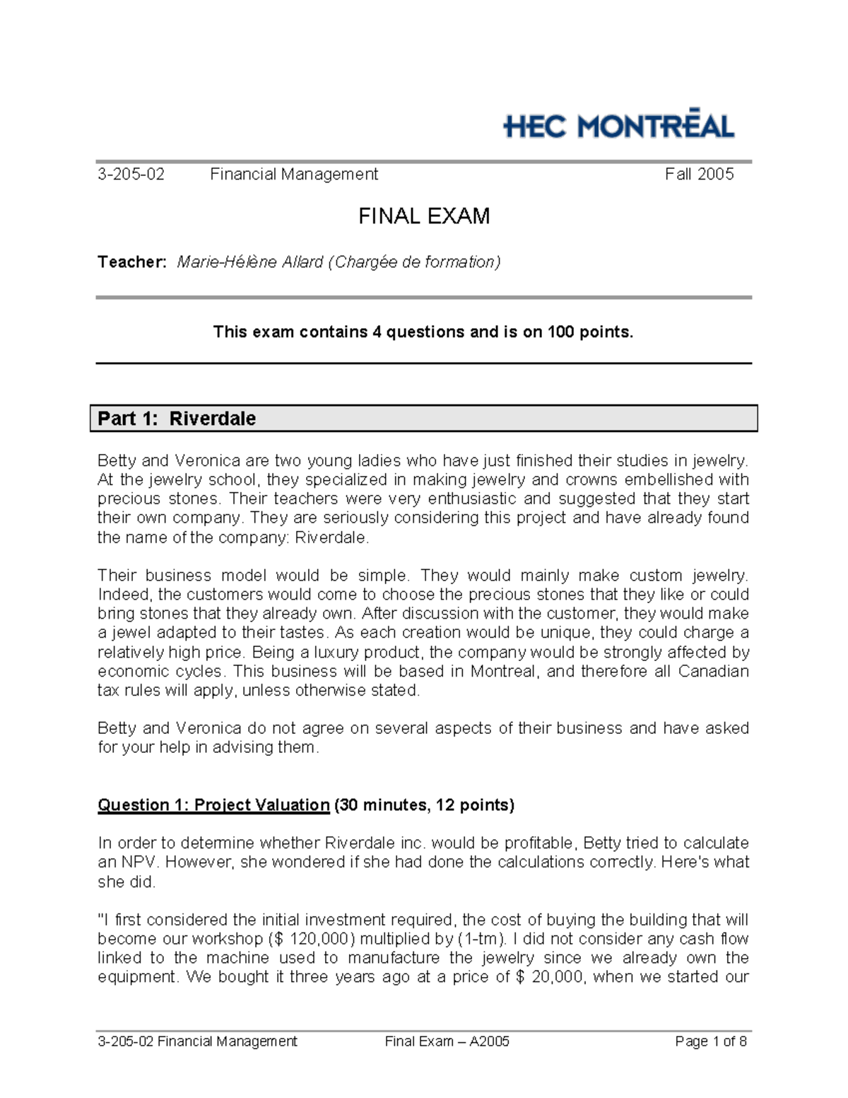 Final Exam Review: Financial Management 3-205-02 (Fall 2005) - Studocu