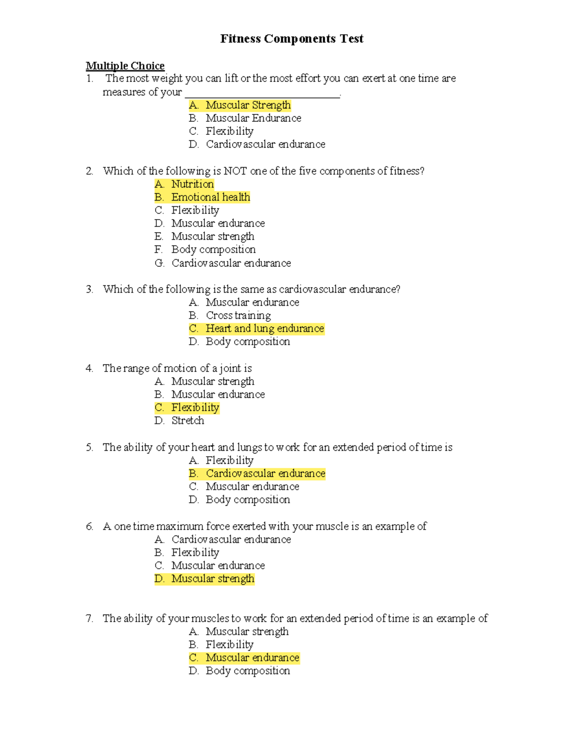 Pathfit - Fitness Components Test with Practice Questions and Answers ...
