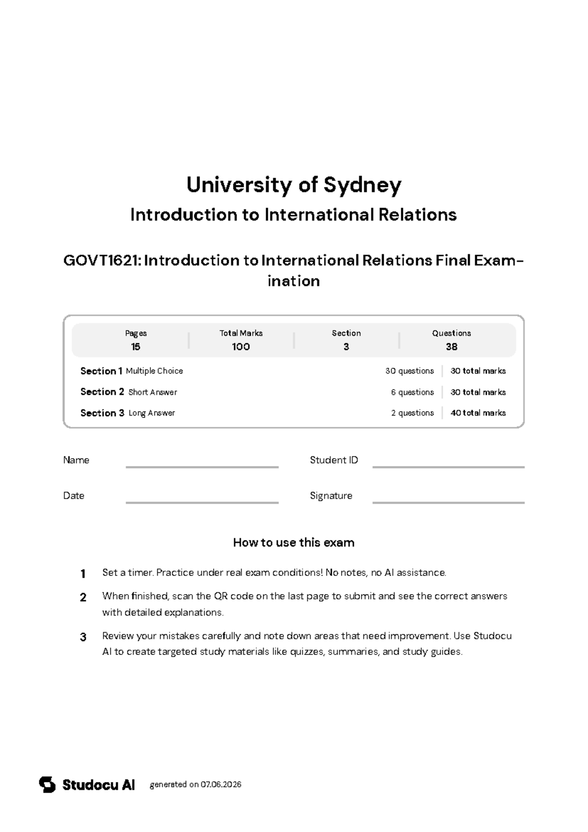 GOVT1621: International Relations Final Exam - Studocu