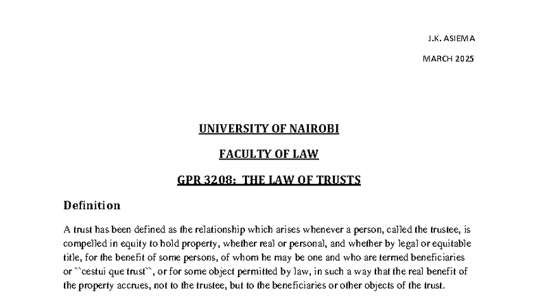 2025 GPR 3208: Comprehensive Notes on The Law of Trusts - Studocu