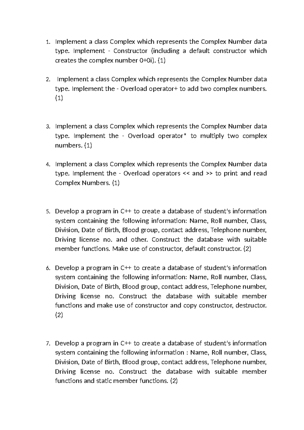 OOP Practical - helpful to everyone - 1. Implement a class Complex ...