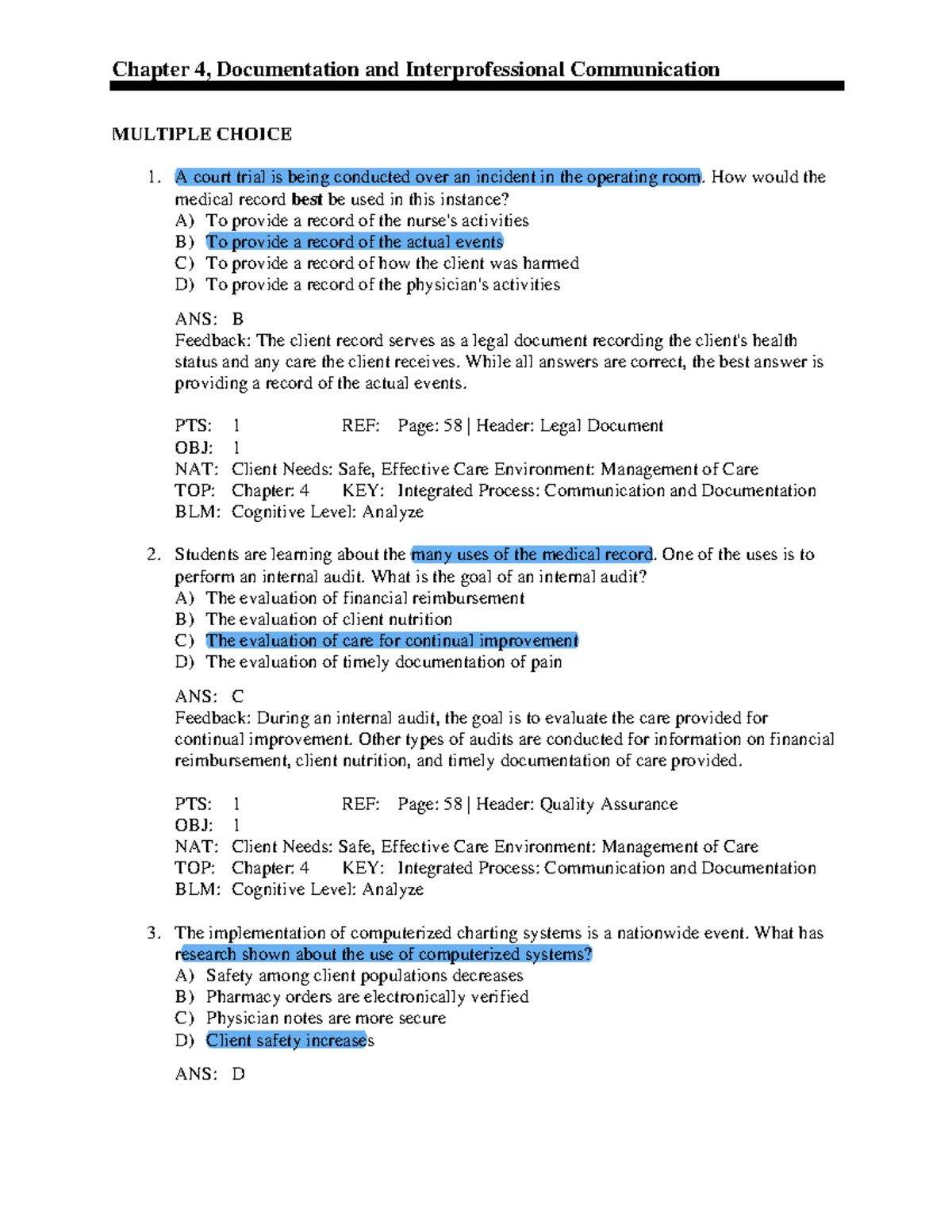 HA 4 - study bank - Chapter 4, Documentation and Interprofessional ...