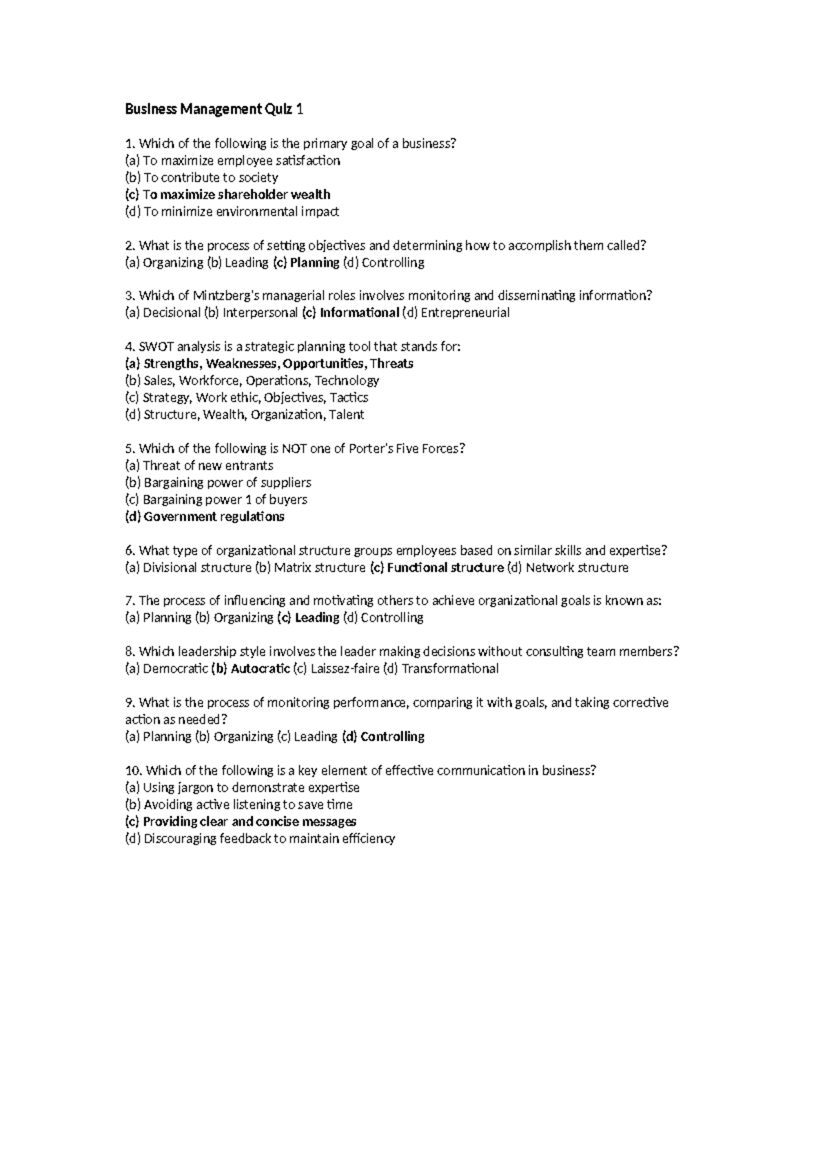 Business Management Quiz 1: Key Concepts and Questions - Studocu