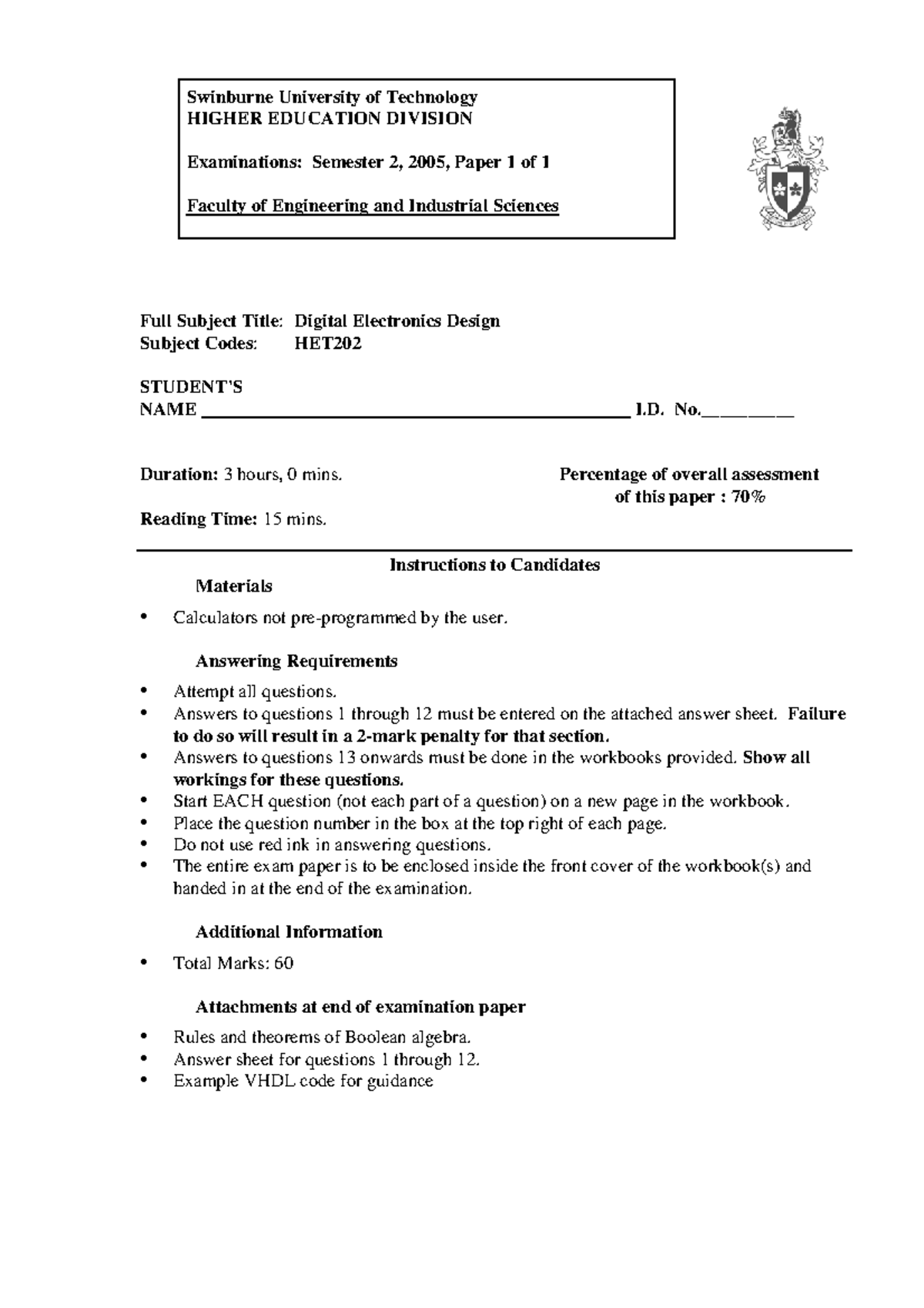 HET202 Final Exam Paper - Digital Electronics Design, Sem 2, 2005 - Studocu