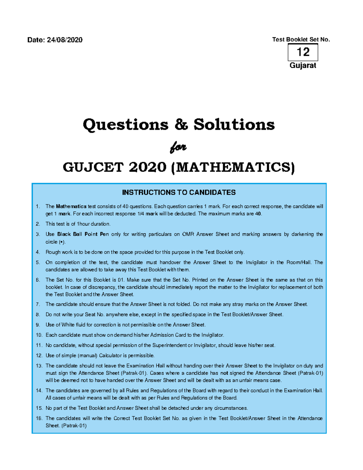 GUJCET 2020 Mathematics Test Booklet Set No. 12 Solutions - Studocu