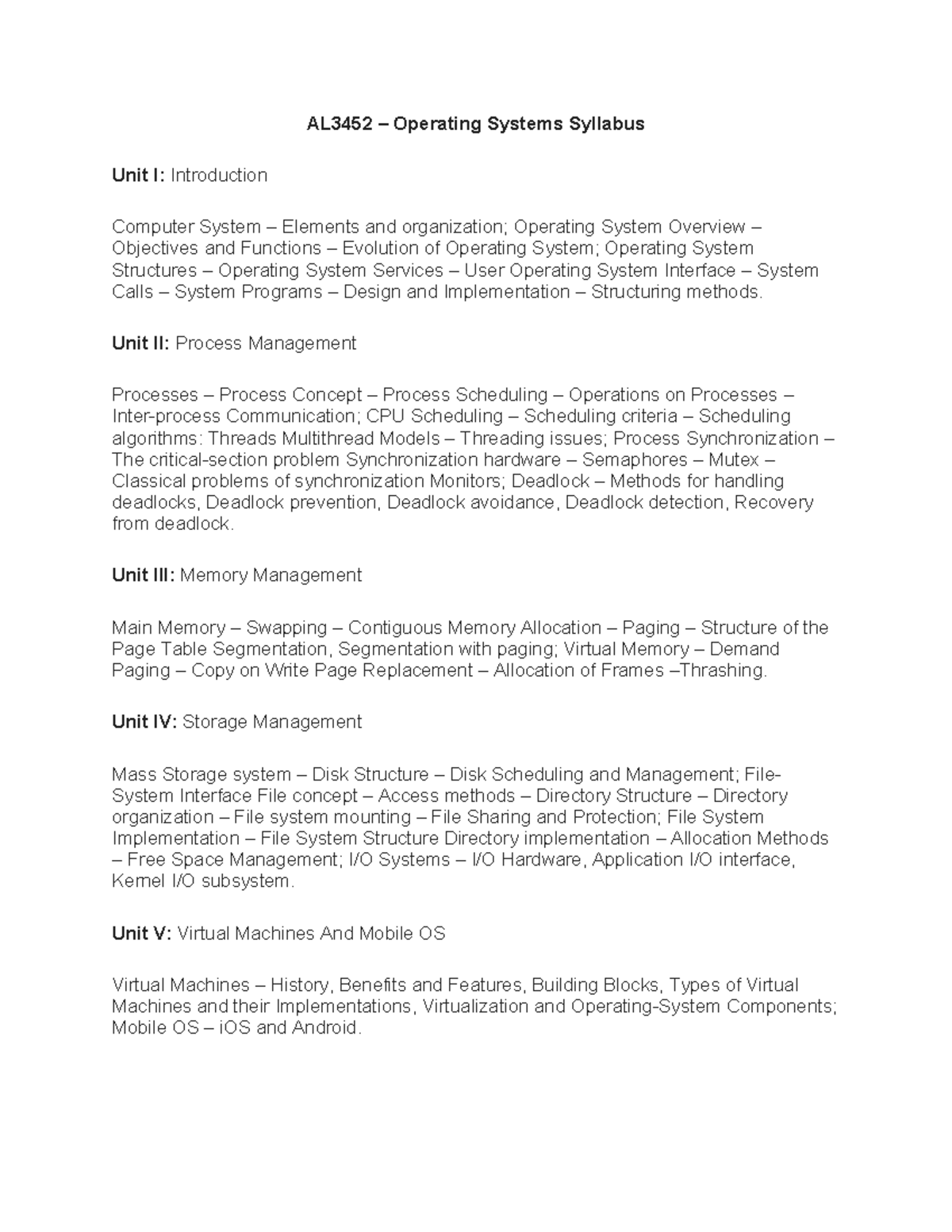 AL3452 Operating Systems Syllabus: Units I-V Overview - Studocu