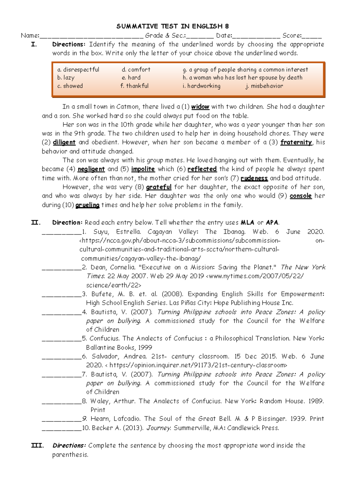 Summative Test in English 8: Vocabulary and Grammar Exercises - Studocu