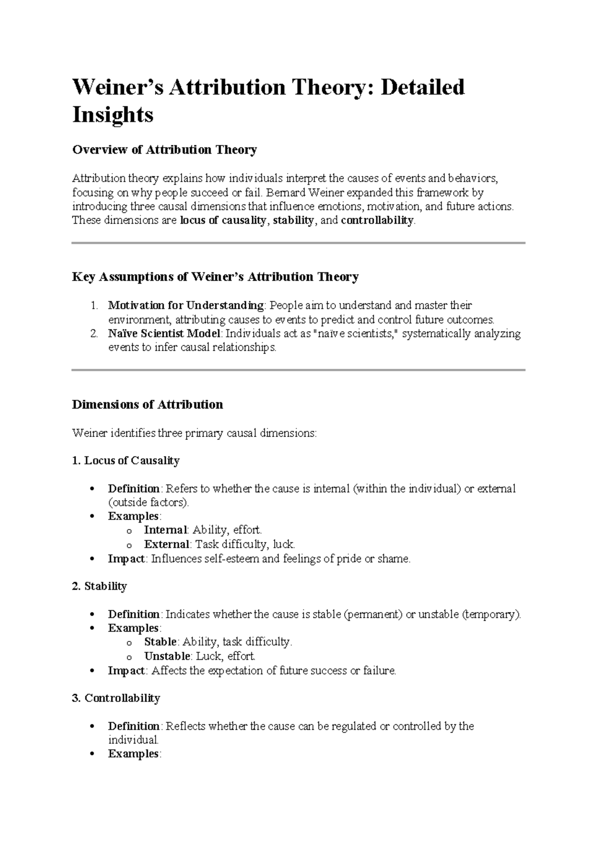 PSY 305 - Weiner's Attribution Theory: Insights on Motivation & Emotion ...