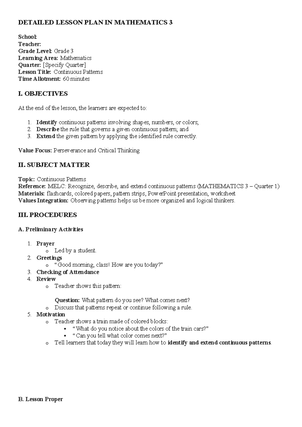 Detailed Lesson Plan: Continuous Patterns in Mathematics 3 - Studocu