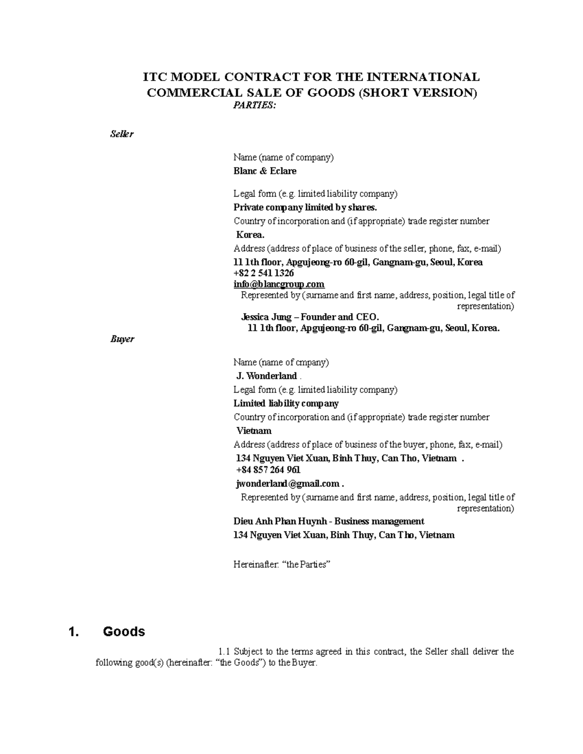 526472878 ITC Model Contract FOR THE International Commercial SALE OF ...
