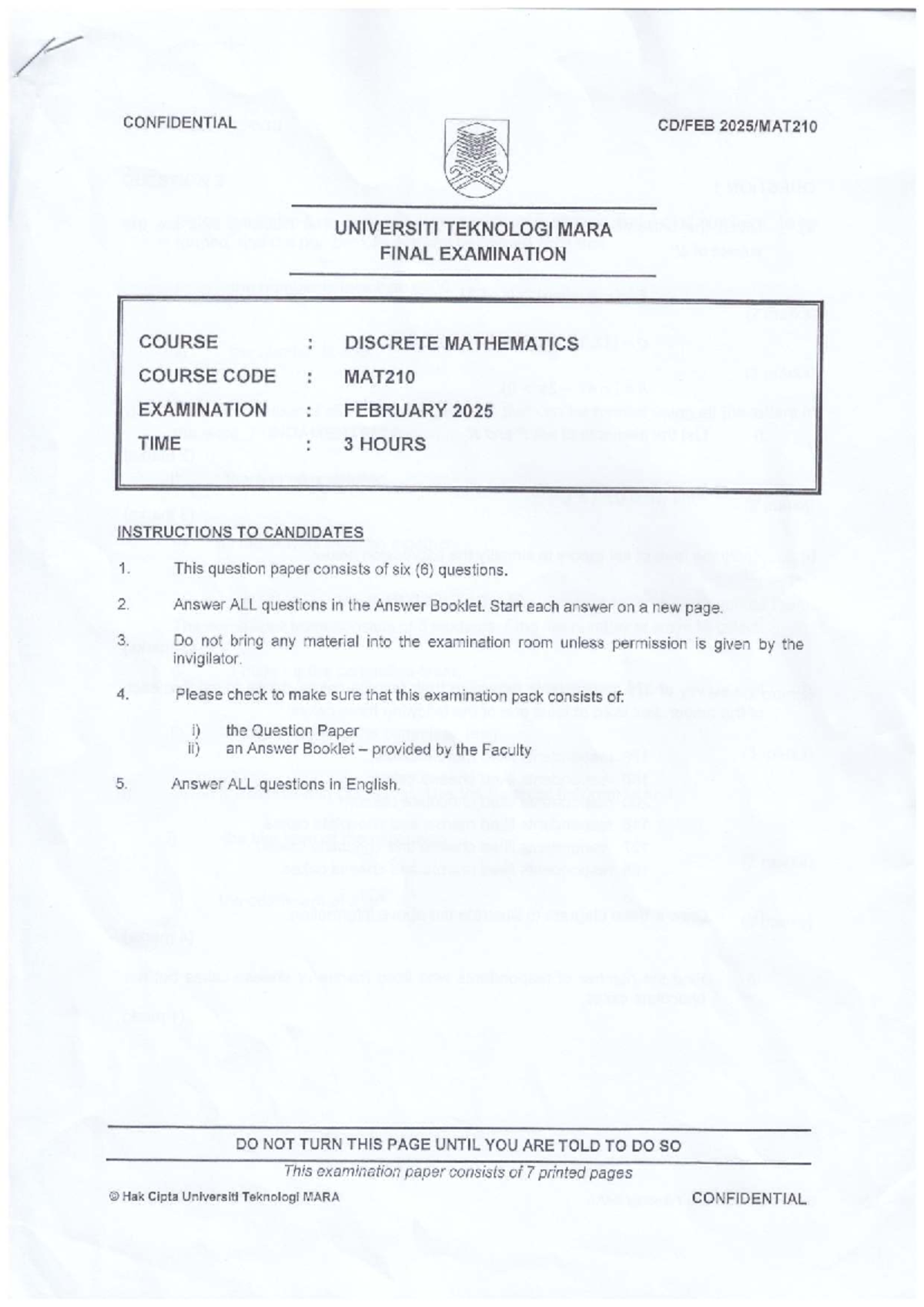 PYQ MAT210 Discrete Mathematics Final Exam February 2025 - Studocu