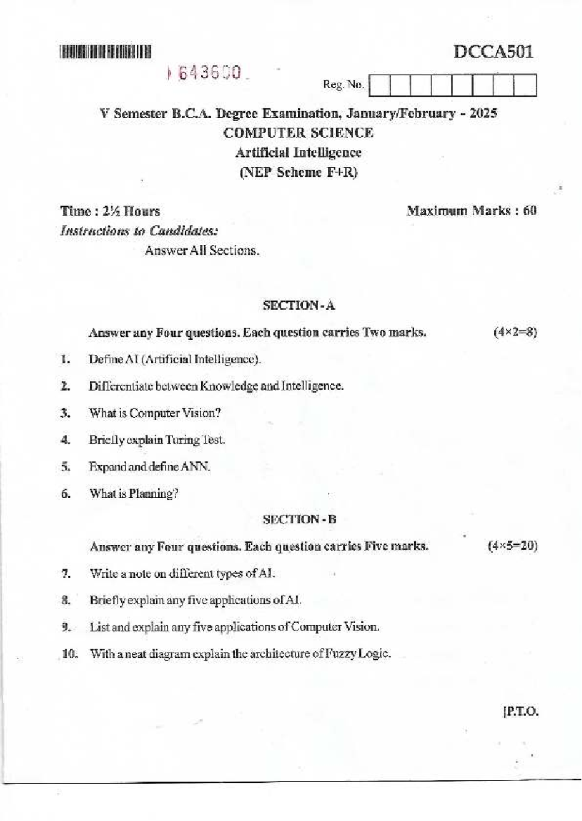 DCCA501 V Sem B.C.A. Exam 2025: AI Question Paper - Studocu