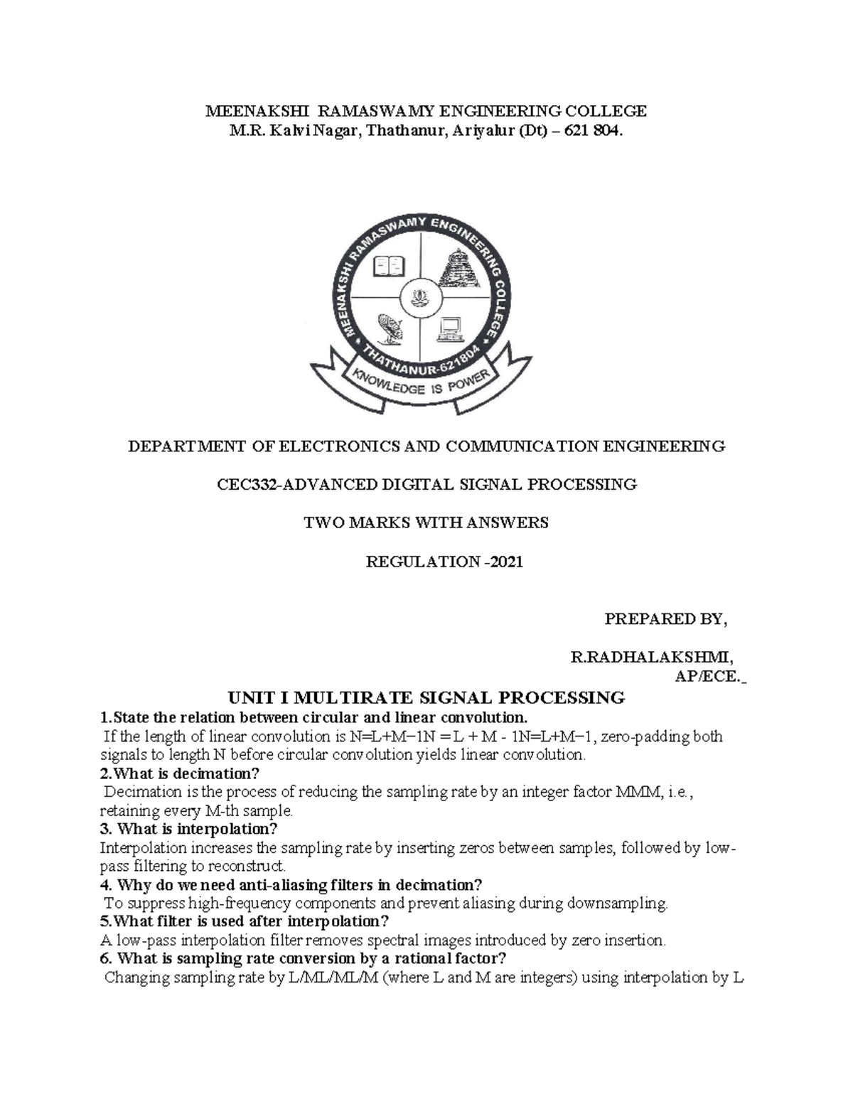 ADSP 2023: Digital Signal Processing Two Marks with Answers - Studocu