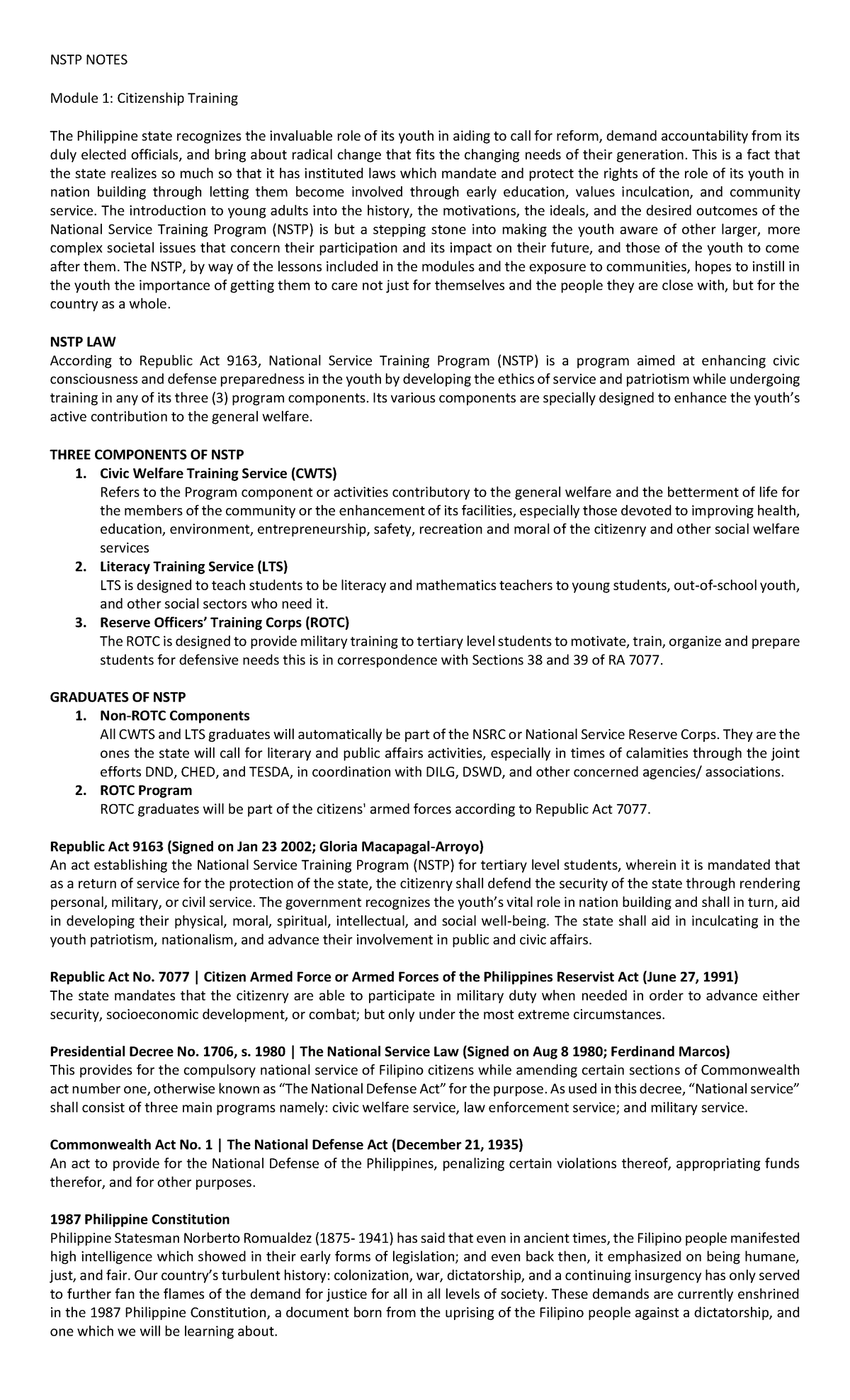 NSTP Module 1: Citizenship Training - Comprehensive Study Notes - Studocu