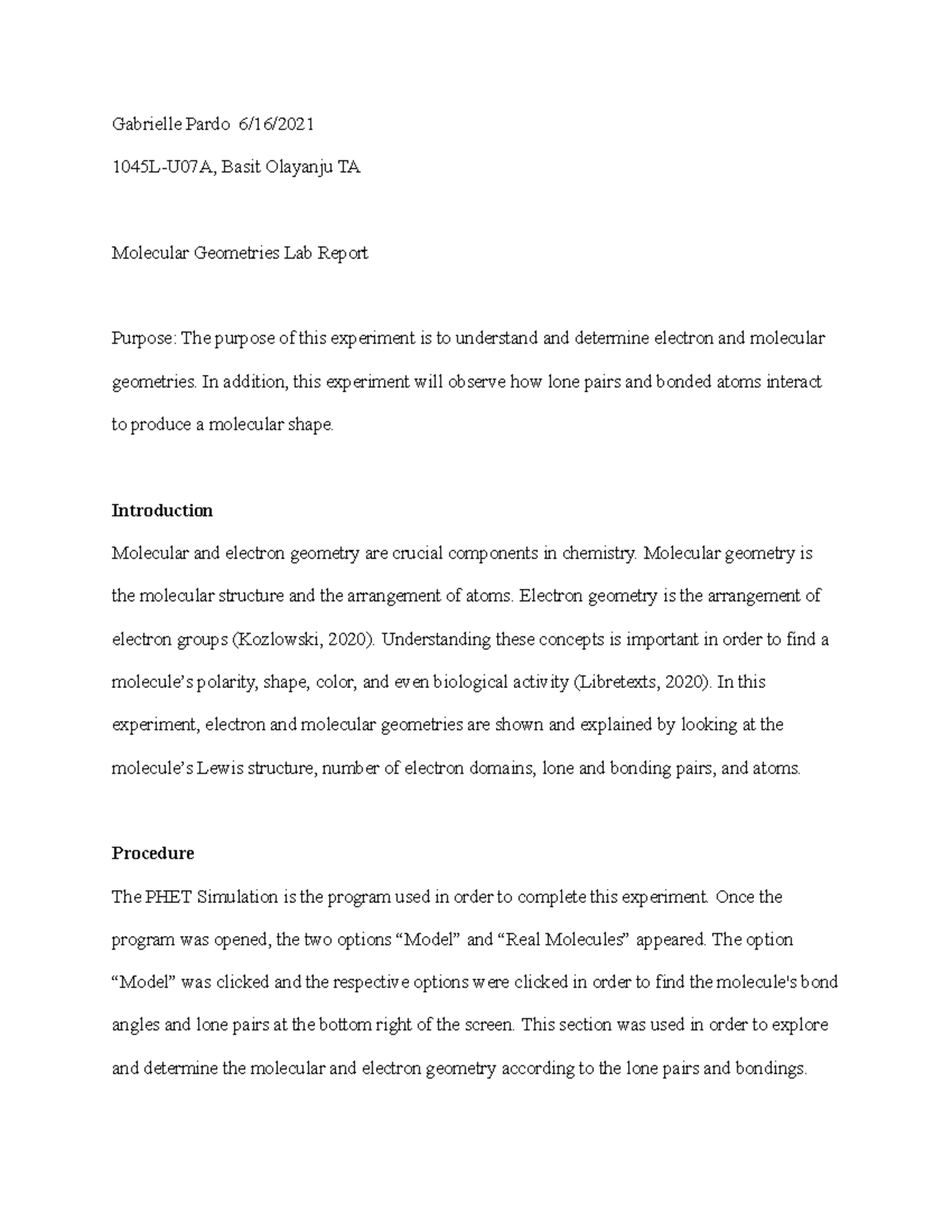 Molecular Geometries Lab Report (1045L-U07A) - 2022 Findings - Studocu