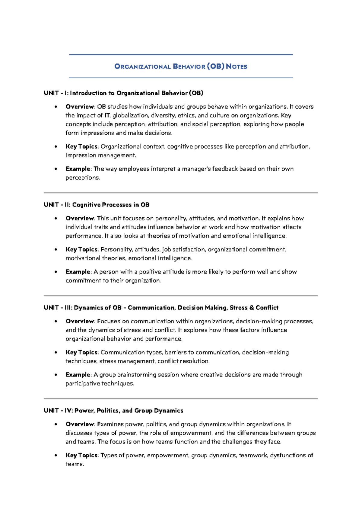 Organizational Behavior (OB) Notes: Comprehensive Overview and Key ...