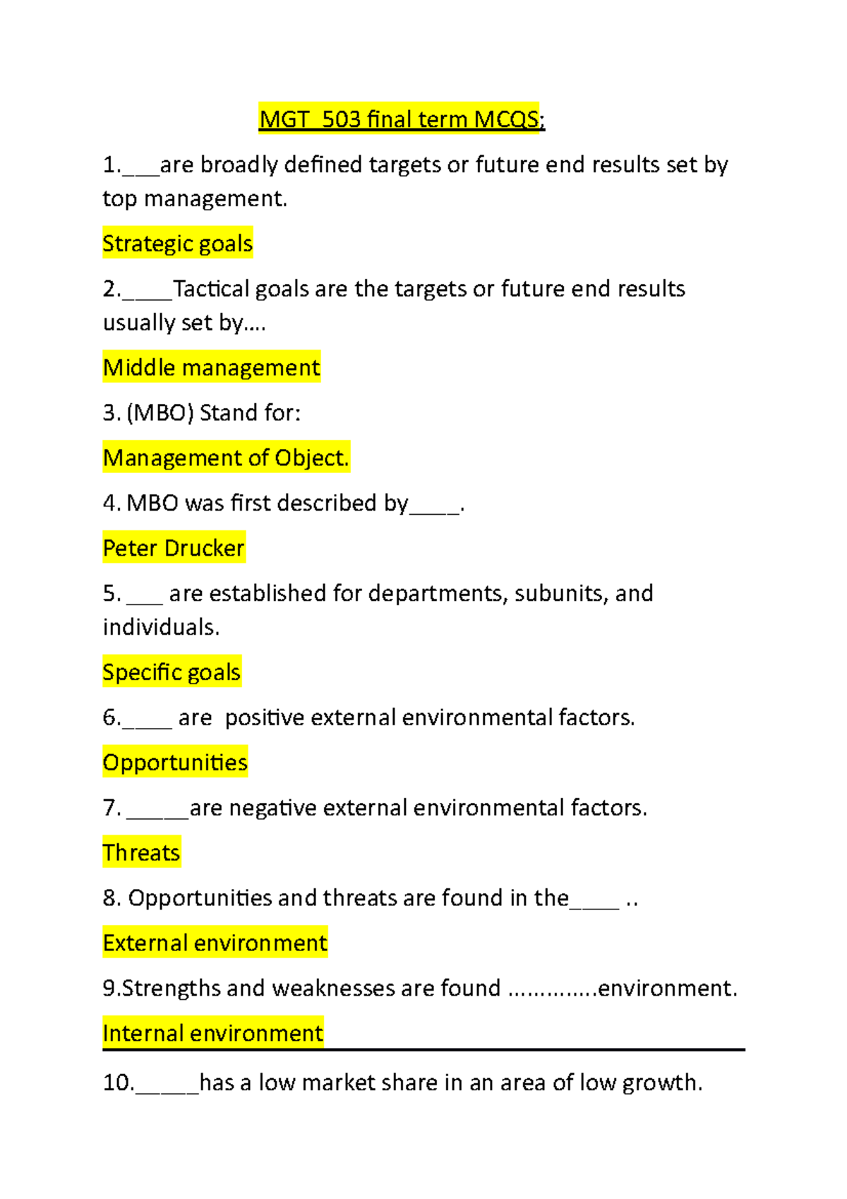 MGT_503 Final Term MCQs Study Guide for Management Concepts - Studocu