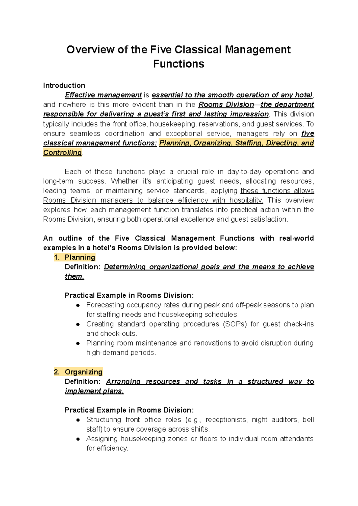 Module 2: Management Functions in Rooms Division Overview - Studocu