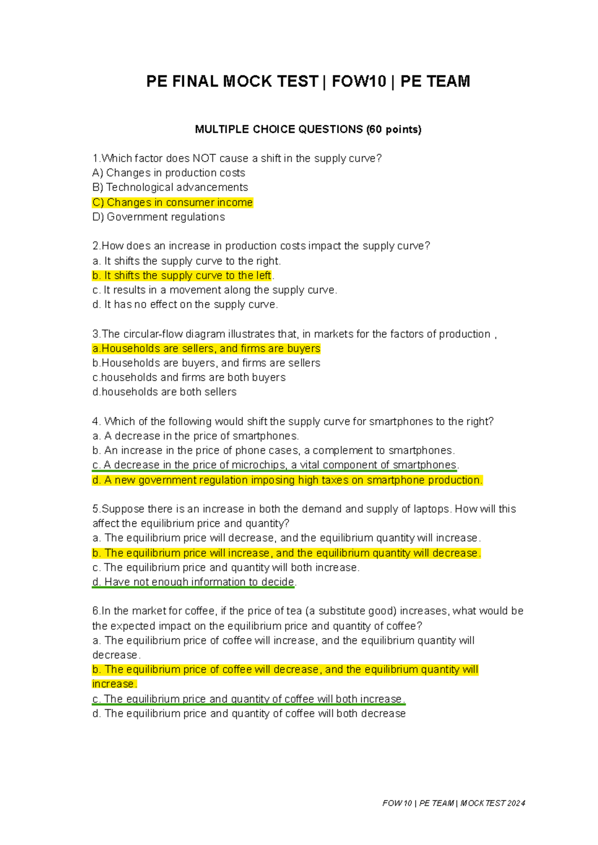 FOW10 PE Final Mock Test: Multiple Choice Questions & Answers - Studocu