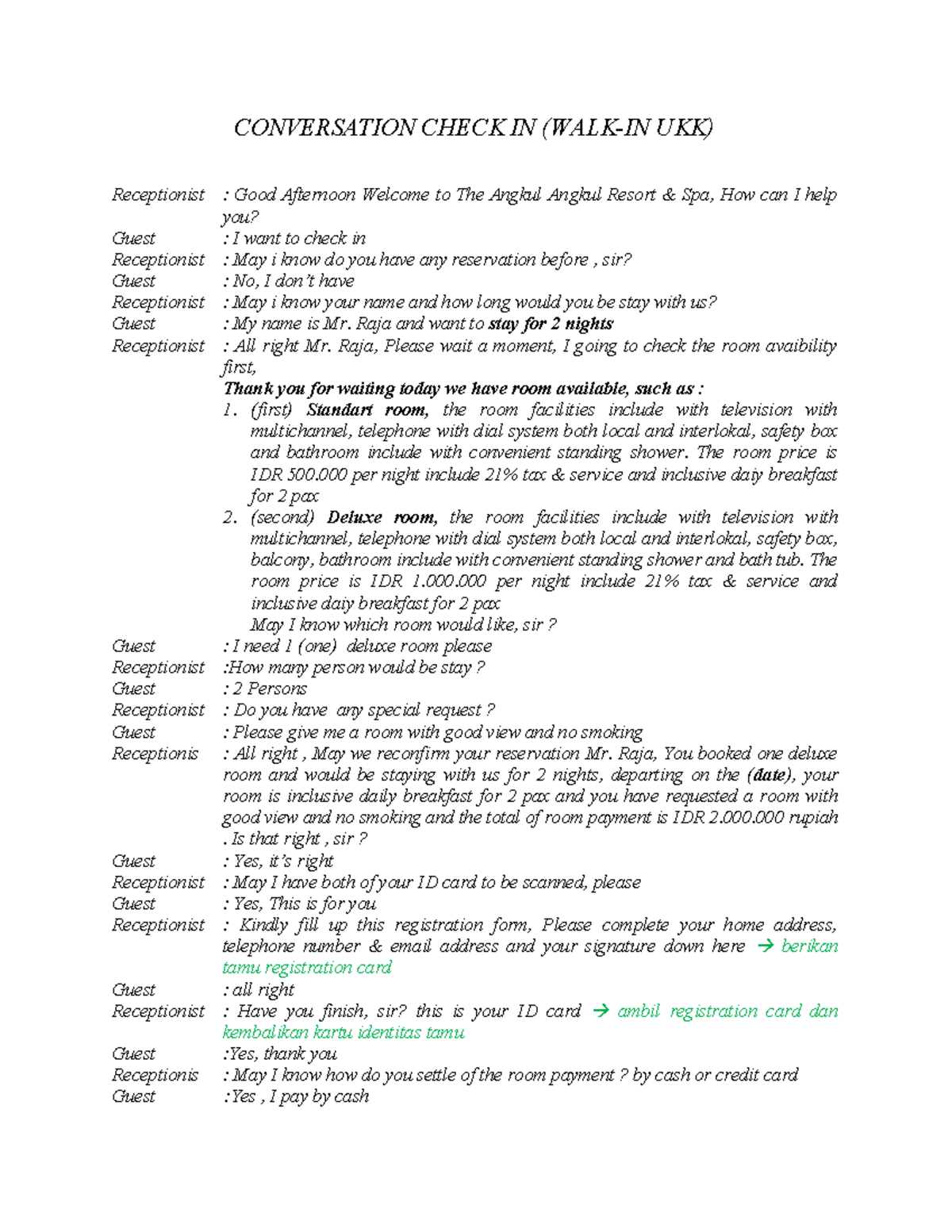 Receptionist Check-in Dialogue at Angkul Angkul Resort & Spa - Studocu