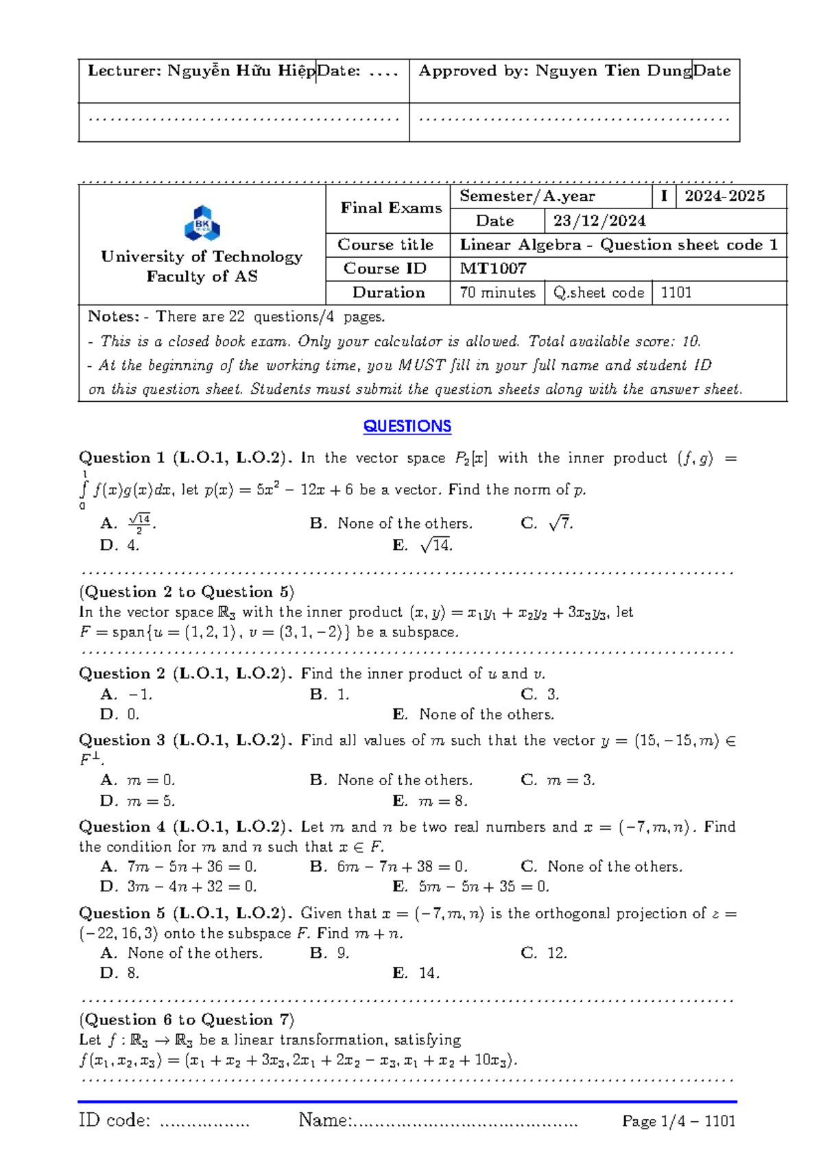 Final Exam Questions for Linear Algebra (MT1007) - Studocu