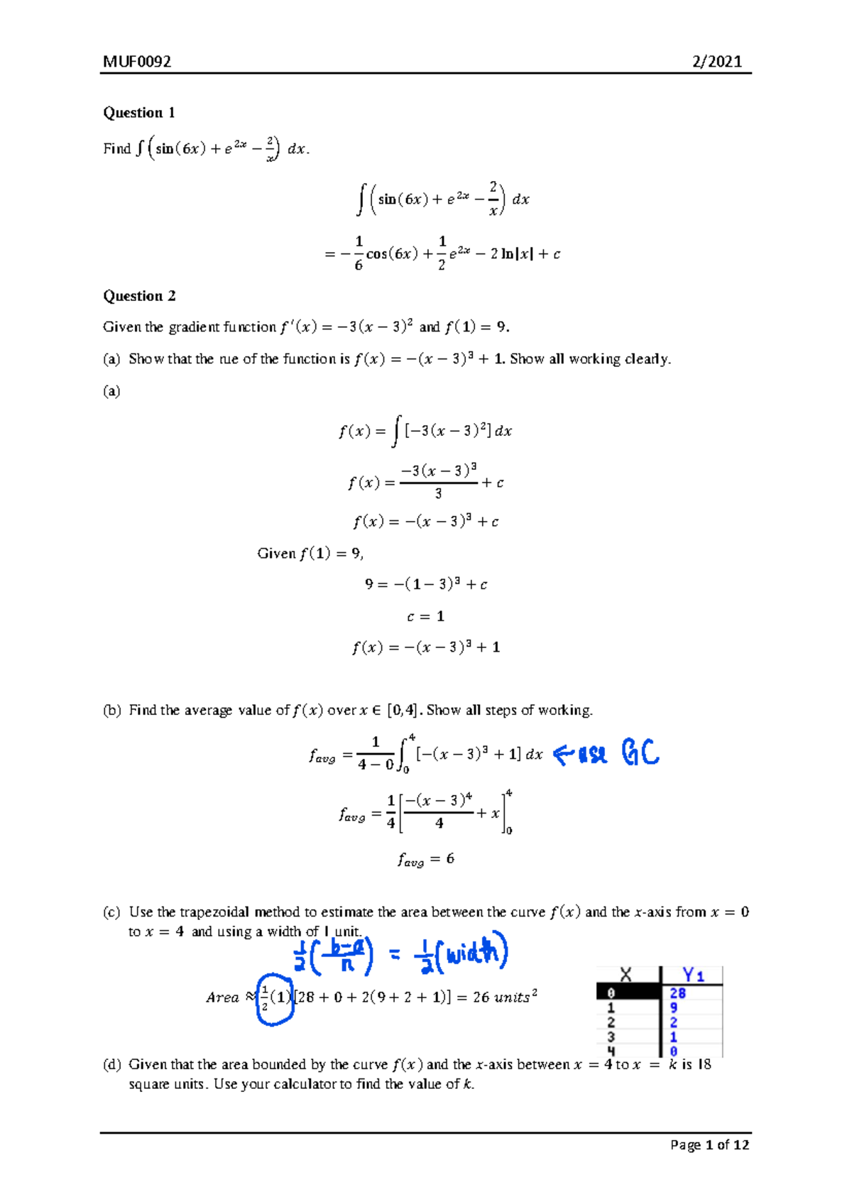 MUF0092 Revision questions and answers for calculus and probability ...
