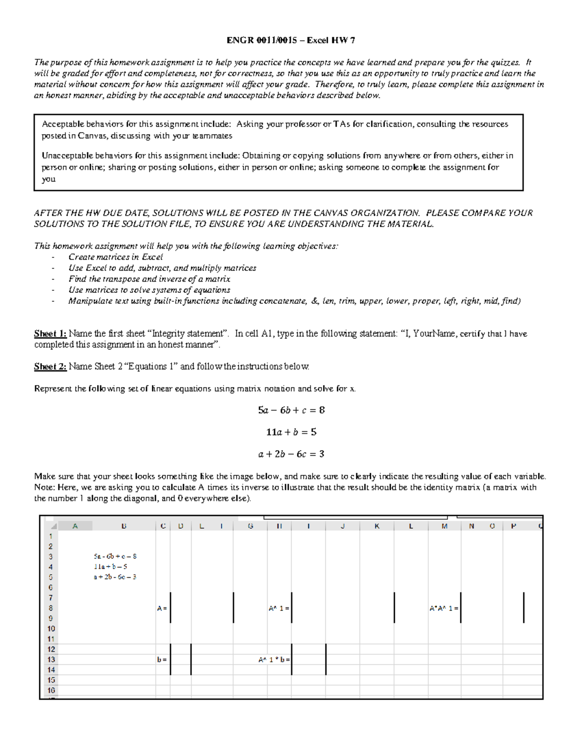 ENGR 0011/0015 - Excel HW 7: Matrix Operations and Functions - Studocu